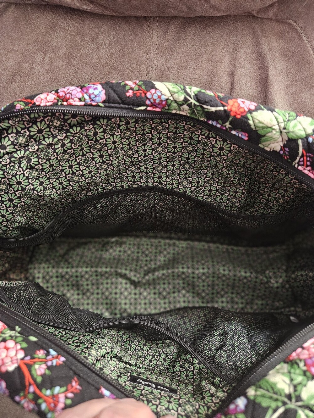 Vera Bradley Black Quilted Floral Purple Pink Green Travel Bag Removable Strap - Picture 3 of 4